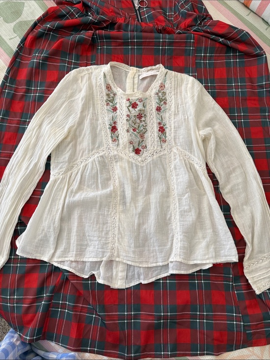 Zara Tops - Zara Embroidered Boho Blouse with Red & Green Floral Detail
